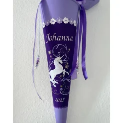 Schultüte aus Stoff bestickt Einhorn mit Ranke, Namen und Datum 70cm Rohling