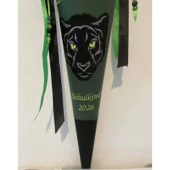 Schultüte aus Stoff bestickt mit einem Panther , Namen und Datum 70cm Rohling