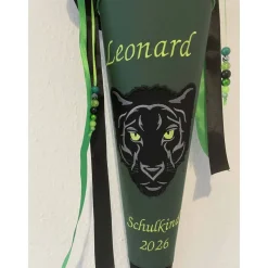 Schultüte aus Stoff bestickt mit einem Panther , Namen und Datum 70cm Rohling