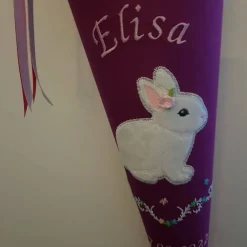 Schultüte aus Stoff bestickt Kuschelhase, Namen und Datum 70cm Rohling