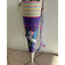 Schultüte aus Stoff bestickt Schmetterlingseinhorn, Namen und Datum 70cm Rohling