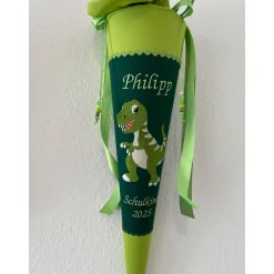 Schultüte aus Stoff bestickt mit einem T-Rex , Namen und Datum 70cm Rohling