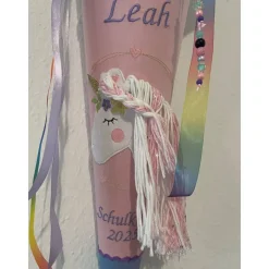 Schultüte aus Stoff bestickt mit einem Einhorn 3D, Namen und Datum 70cm Rohling