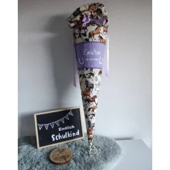 Schultüte aus Stoff Pferde flieder/creme 70cm