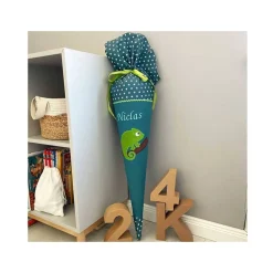 Schultüte Chamäleon, Zuckertüte mit Namen bestickt für Step by Step Schulranzen in petrol