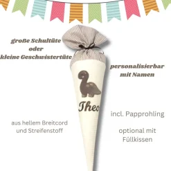 Schultüte Dino mit Namen – Geschwistertüte & Zuckertüte aus Cord & Baumwolle, bestickt, individuell