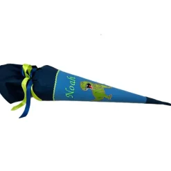 Schultüte Dinosaurier, Zuckertüte blau mit Namen bestickt, aufwendige Stoff-Schultüte