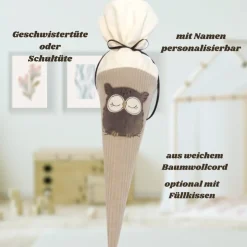 Schultüte Eule mit Namen – Personalisierte Geschwistertüte aus Cord & Baumwolle, bestickt