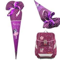 Schultüte Fee, Schultüte Stoff, lila Stoff-Schultüte, Schultüte Mädchen, Zuckertüte bestickt