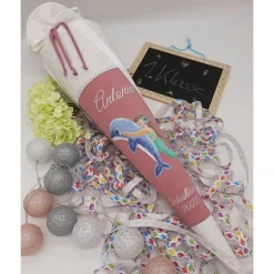 Schultüte Meerjungfrau mit Delfin handgefertigt, Schultüte aus Stoff