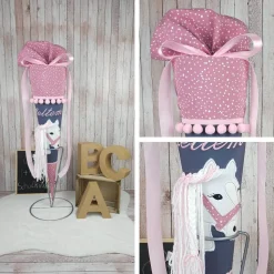Schultüte mit Name & Pferdekopf – Dunkelgrau/Mauve Tupfen – Handgemacht & personalisierbar