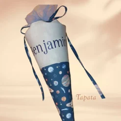 Schultüte mit Namen / Vorschultüte mit Namen, Geschwister Schultüte - Weltraum blau braun