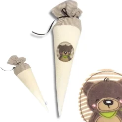 Schultüte mit Namen Bär – Geschwistertüte & Zuckertüte aus Cord & Streifenbaumwollstoff