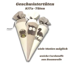 Schultüte mit Namen Bär – Geschwistertüte & Zuckertüte aus Cord & Streifenbaumwollstoff