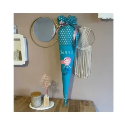 Schultüte Nixe, Zuckertüte türkis mit Namen bestickt, aufwendige Stoff-Schultüte