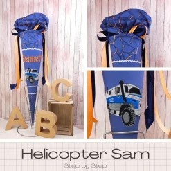 Schultüte passend zum Ranzen Helicopter Sam von Step by Step | Zuckertüte 70 cm bestickt | Einschulung