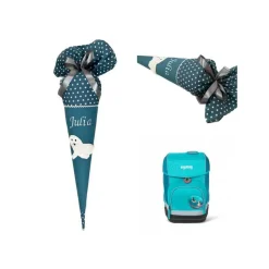 Schultüte Seehund in petrol, Schultüte Stoff, Stoff-Schultüte mit Namen bestickt