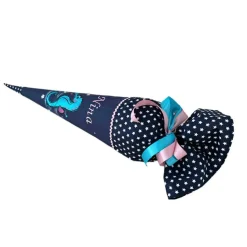 Schultüte Seepferdchen, Zuckertüte dunkelblau mit Namen bestickt, Stoff-Schultüte