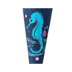 Schultüte Seepferdchen, Zuckertüte dunkelblau mit Namen bestickt, Stoff-Schultüte