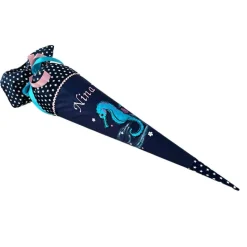 Schultüte Seepferdchen, Zuckertüte dunkelblau mit Namen bestickt, Stoff-Schultüte