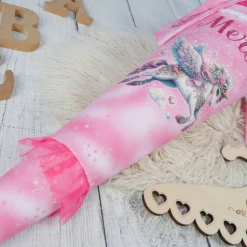 Schultüte Stoff + Tüll Alicorn Pegasus rosa Pink  Tüll  70cm 85cm   *personalisierbar und mit Kisseninlet
