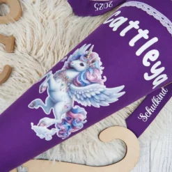 Schultüte Stoff + Tüll Alicorn Pegasus Lila Bunt Glitzer  70cm 85cm   *personalisierbar und mit Kisseninlet