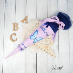 Schultüte Stoff + Tüll Schmetterling Flieder Dunkelblau  70cm 85cm   *personalisierbar und mit Kisseninlet