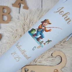 Schultüte Stoff Angler ABC Hellblau Beige 70cm 85cm   *personalisierbar und mit Kisseninlet