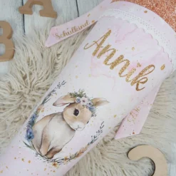 Schultüte Stoff Blumen Hase Rosa Gold Glitzer 70cm 85cm   *personalisierbar und mit Kisseninlet