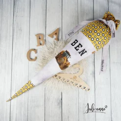 Schultüte Stoff Bulldozer Bagger Grau Gelb 70cm 85cm   *personalisierbar und mit Kisseninlet