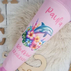 Schultüte Stoff Delfin mit Blumen Rosa Regenbogen Glitzer  Tüll 70cm 85cm   *personalisierbar und mit K