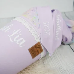 Schultüte Stoff Einhorn im Blumenkorb Flieder Holo Glitzer 70cm 85cm   *personalisierbar und mit Kisseninlet