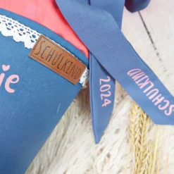 Schultüte Stoff Einhorn Rauchblau Koralle mit Tüll 70cm 85cm   *personalisierbar und mit Kisseninlet