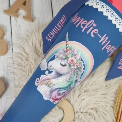 Schultüte Stoff Einhorn Rauchblau Koralle mit Tüll 70cm 85cm   *personalisierbar und mit Kisseninlet