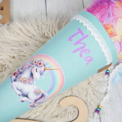 Schultüte Stoff Einhorn Regenbogen Mint bunte Blumen 70cm 85cm   *personalisierbar und mit Kisseninlet