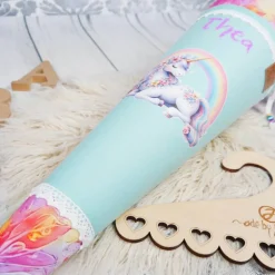 Schultüte Stoff Einhorn Regenbogen Mint bunte Blumen 70cm 85cm   *personalisierbar und mit Kisseninlet