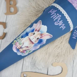 Schultüte Stoff Hase Rauchblau Flieder mit Tüll 70cm 85cm   *personalisierbar und mit Kisseninlet