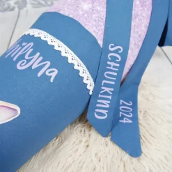 Schultüte Stoff Hase Rauchblau Flieder mit Tüll 70cm 85cm   *personalisierbar und mit Kisseninlet