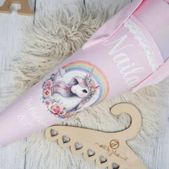 Schultüte Stoff Hellrosa mit Einhorn und Glitzer Regenbogen Tüll 70cm 85cm   *personalisierbar Kisseninlet