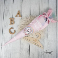 Schultüte Stoff Hellrosa mit Einhorn und Glitzer Regenbogen Tüll 70cm 85cm   *personalisierbar Kisseninlet