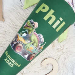 Schultüte Stoff l 70cm 85cm Monstertruck Dino Grün  *personalisierbar und mit Kisseninlet