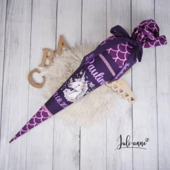 Schultüte Stoff Lila Schuppen mit Einhorn Ergobag Perlentauchbär 70cm 85cm   *personalisierbar und mit Kissen