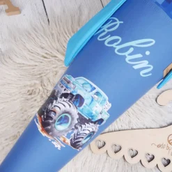Schultüte Stoff Monstertruck Türkis Pixel 70cm 85cm   *personalisierbar und mit Kisseninlet