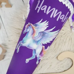 Schultüte Stoff Pegasus Lila Glitzer 70cm 85cm   *personalisierbar und mit Kisseninlet
