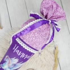 Schultüte Stoff Pegasus Lila Glitzer 70cm 85cm   *personalisierbar und mit Kisseninlet