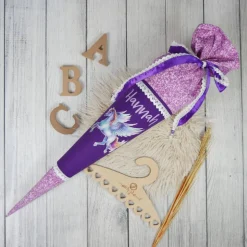 Schultüte Stoff Pegasus Lila Glitzer 70cm 85cm   *personalisierbar und mit Kisseninlet