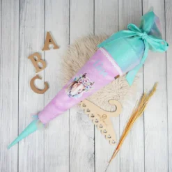 Schultüte Stoff Pferd Türkis Lila  mit Tüll 70cm 85cm   *personalisierbar und mit Kisseninlet