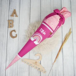 Schultüte Stoff Regenbogen Beere Pink 70cm 85cm   *personalisierbar und mit Kisseninlet