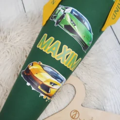 Schultüte Stoff Rennauto Lamborghini Grün Gelb 70cm 85cm   *personalisierbar und mit Kisseninlet