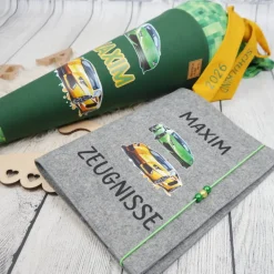 Schultüte Stoff Rennauto Lamborghini Grün Gelb 70cm 85cm   *personalisierbar und mit Kisseninlet